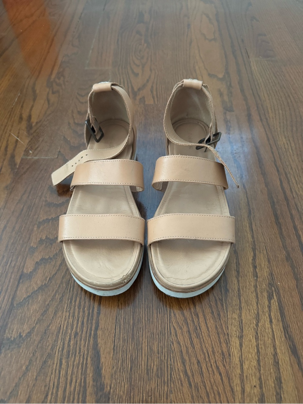 Soludos Beige Double-Strap Leather Sandals with Ankle Buckle